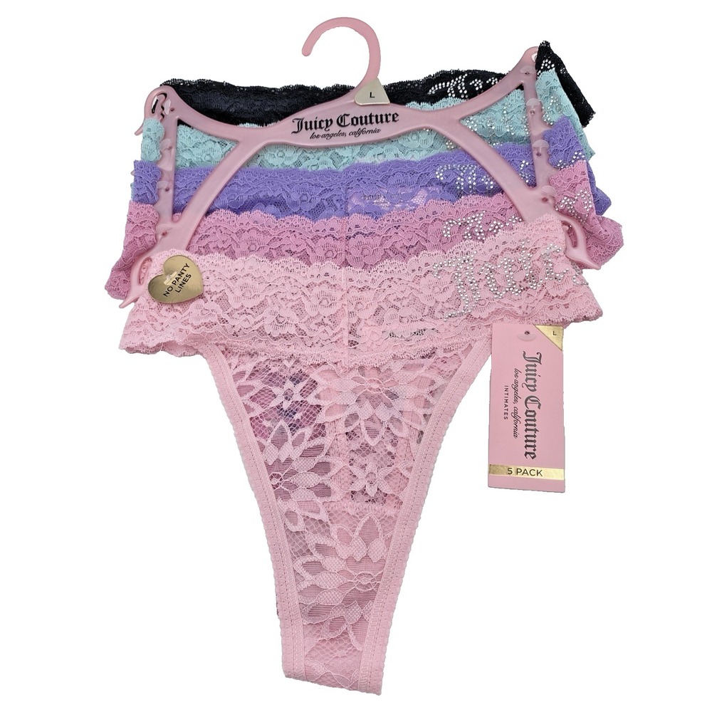 Juicy‎ Couture Lace Rhinestone Thong Panties 5Pk Size Large No Panty Lines